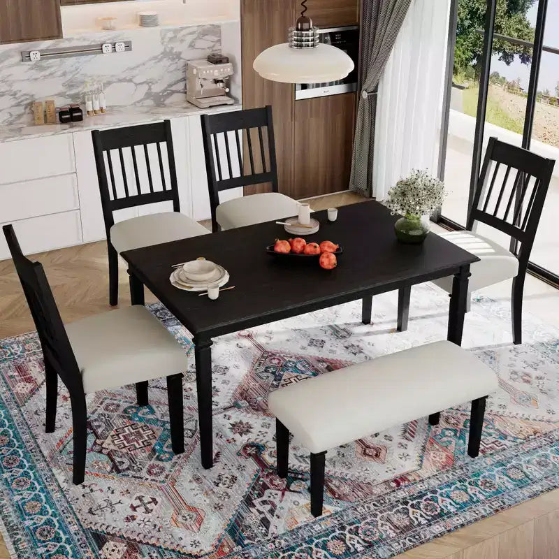Ensemble de salle à manger rétro MAYEERTY 6 pièces, table en bois, 4 chaises et banc