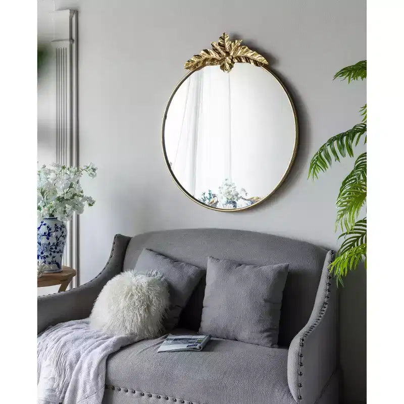 Miroir mural octogonal doré avec ornement feuille, fixation murale