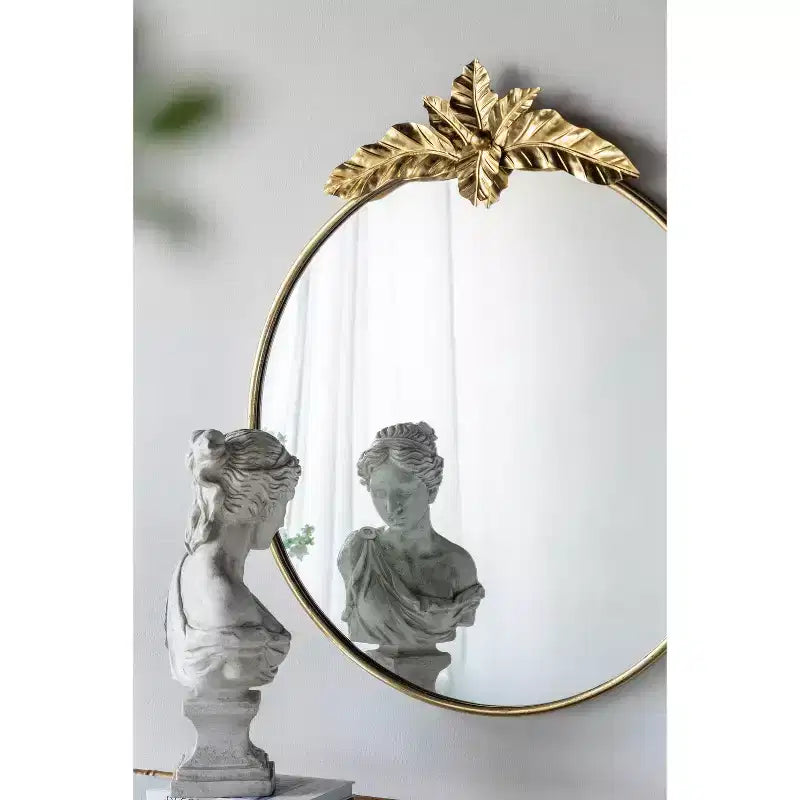 Miroir mural octogonal doré avec ornement feuille, fixation murale