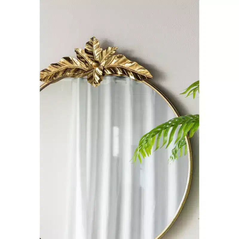 Miroir mural octogonal doré avec ornement feuille, fixation murale