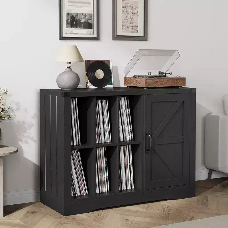 Farmhouse Record Player Stand, Black Barn Door Vinyl Storage Cabinet Holds 750 Albums, Media Console for Living Room
