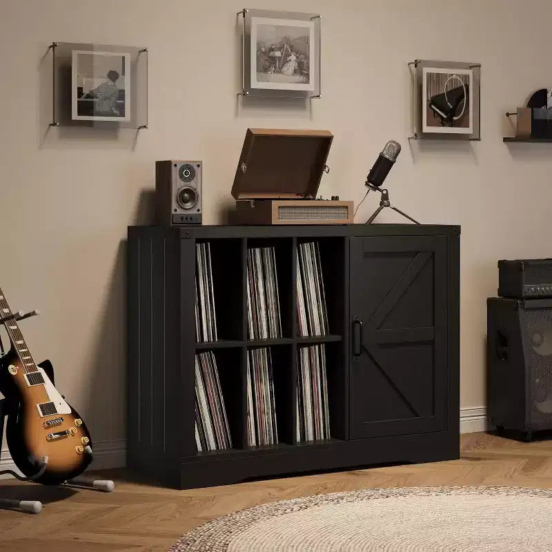 Farmhouse Record Player Stand, Black Barn Door Vinyl Storage Cabinet Holds 750 Albums, Media Console for Living Room