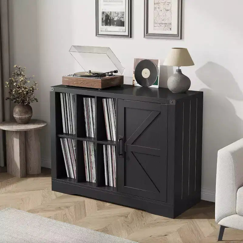 Farmhouse Record Player Stand, Black Barn Door Vinyl Storage Cabinet Holds 750 Albums, Media Console for Living Room