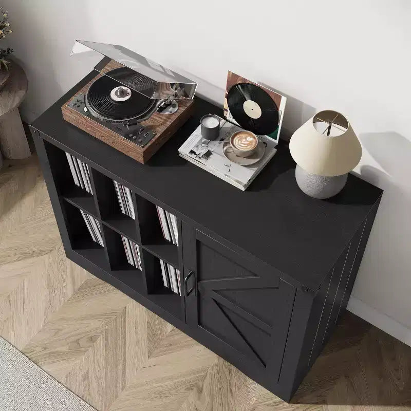 Farmhouse Record Player Stand, Black Barn Door Vinyl Storage Cabinet Holds 750 Albums, Media Console for Living Room