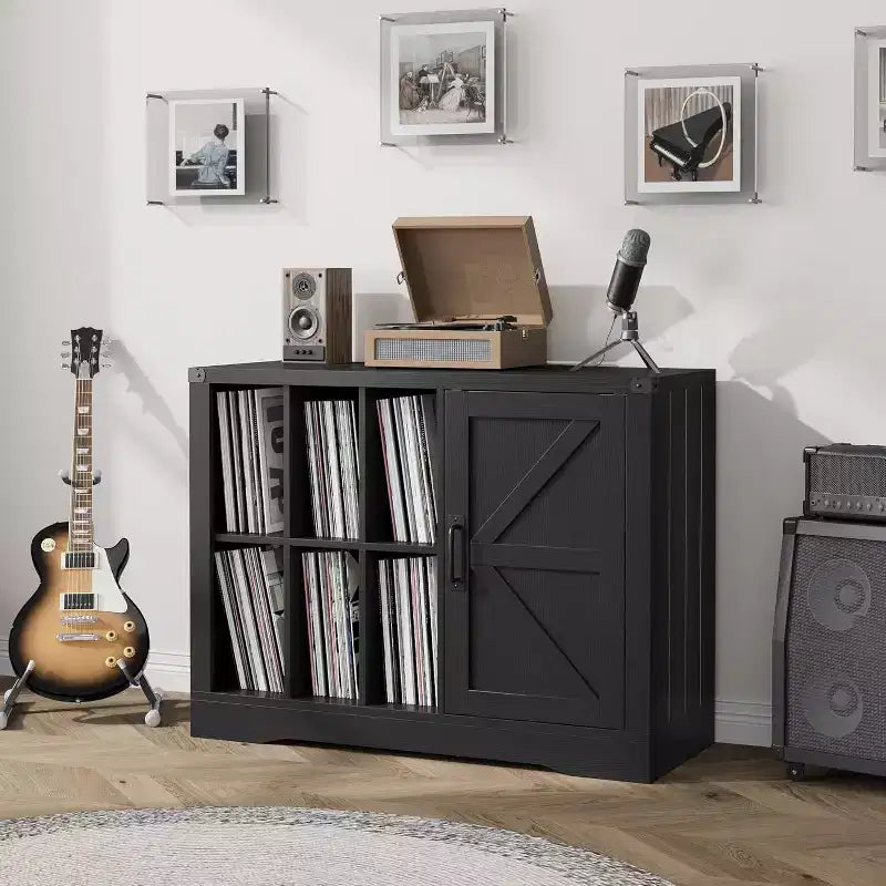 Farmhouse Record Player Stand, Black Barn Door Vinyl Storage Cabinet Holds 750 Albums, Media Console for Living Room