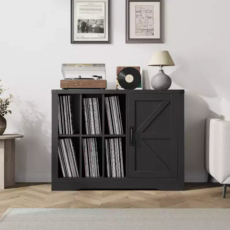 Farmhouse Record Player Stand, Black Barn Door Vinyl Storage Cabinet Holds 750 Albums, Media Console for Living Room
