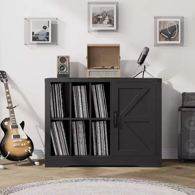 Farmhouse Record Player Stand, Black Barn Door Vinyl Storage Cabinet Holds 750 Albums, Media Console for Living Room