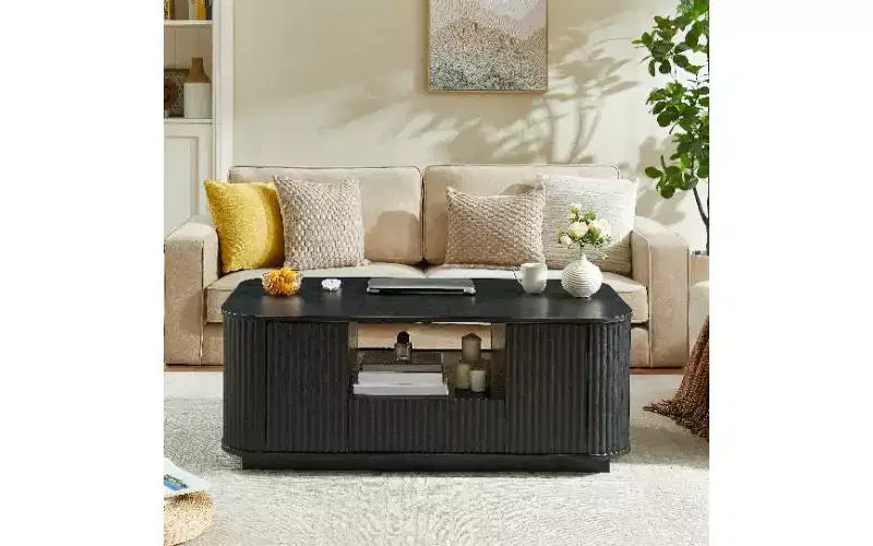 Wavy Curved Wooden Coffee Table with Ample Storage, Modern Rustic Center Table for Living Room, Luxury Oval Tea Table with Drawers