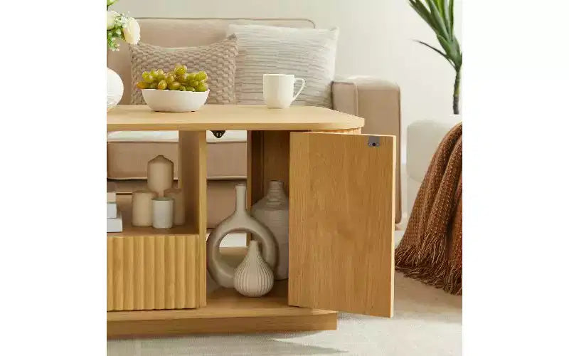 Wavy Curved Wooden Coffee Table with Ample Storage, Modern Rustic Center Table for Living Room, Luxury Oval Tea Table with Drawers
