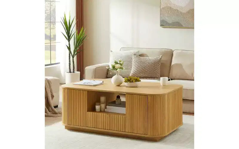 Wavy Curved Wooden Coffee Table with Ample Storage, Modern Rustic Center Table for Living Room, Luxury Oval Tea Table with Drawers