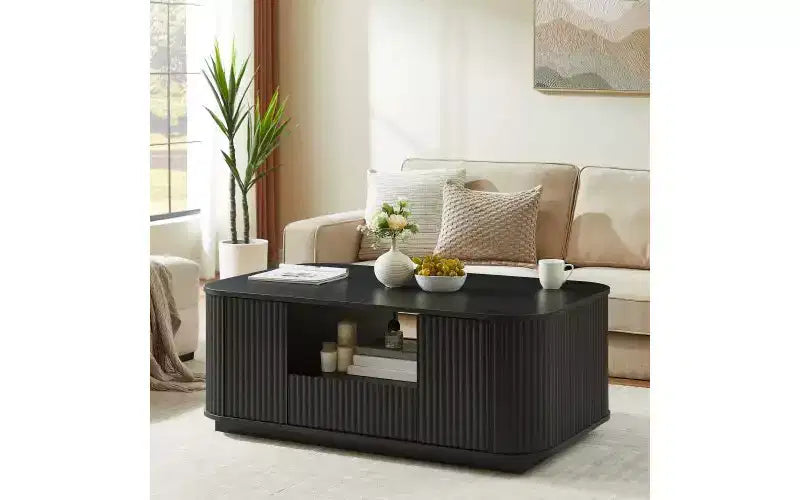 Wavy Curved Wooden Coffee Table with Ample Storage, Modern Rustic Center Table for Living Room, Luxury Oval Tea Table with Drawers