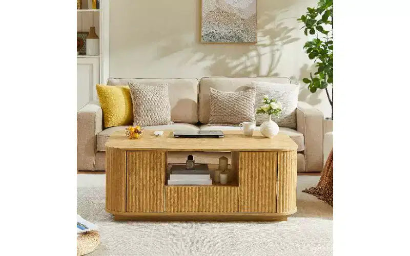 Wavy Curved Wooden Coffee Table with Ample Storage, Modern Rustic Center Table for Living Room, Luxury Oval Tea Table with Drawers