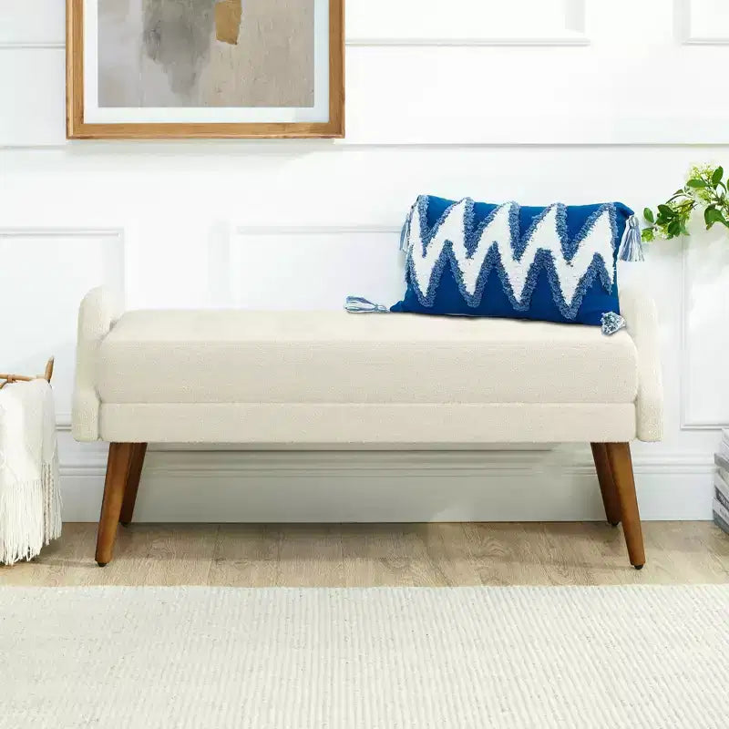 MAYEERTY Modern Living Room Bench Looped Yarn Fabric with Soft Cunshion Irregular Geometric Armrests Rubber Wooden Legs Beige