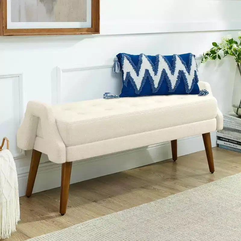 MAYEERTY Banc de salon moderne en tissu bouclé avec coussin doux, accoudoirs géométriques irréguliers, pieds en bois d'hévéa, beige