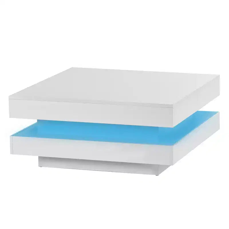 Table basse carrée Zeus & Ruta 31,5" brillante avec lumières, design minimaliste à 2 niveaux