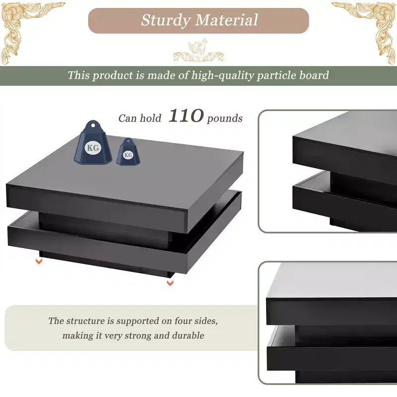 Table basse carrée Zeus & Ruta 31,5" brillante avec lumières, design minimaliste à 2 niveaux