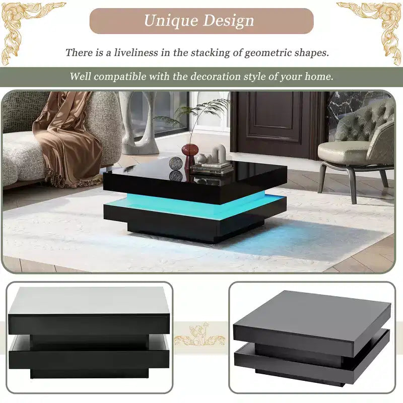 Table basse carrée Zeus & Ruta 31,5" brillante avec lumières, design minimaliste à 2 niveaux