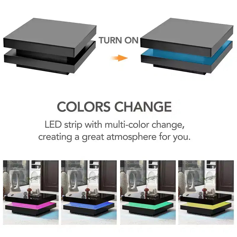 Table basse carrée Zeus & Ruta 31,5" brillante avec lumières, design minimaliste à 2 niveaux