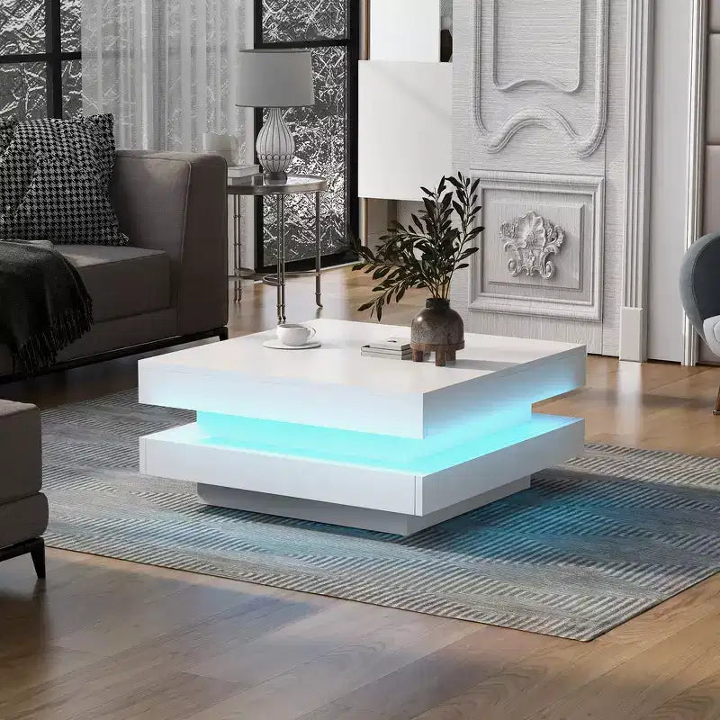 Table basse carrée Zeus & Ruta 31,5" brillante avec lumières, design minimaliste à 2 niveaux