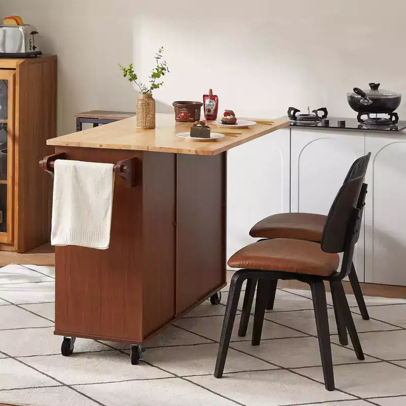 Dessin de chariot d'îlot de cuisine à roulettes avec abattants marron et 3 tiroirs pour 2 à 4 personnes