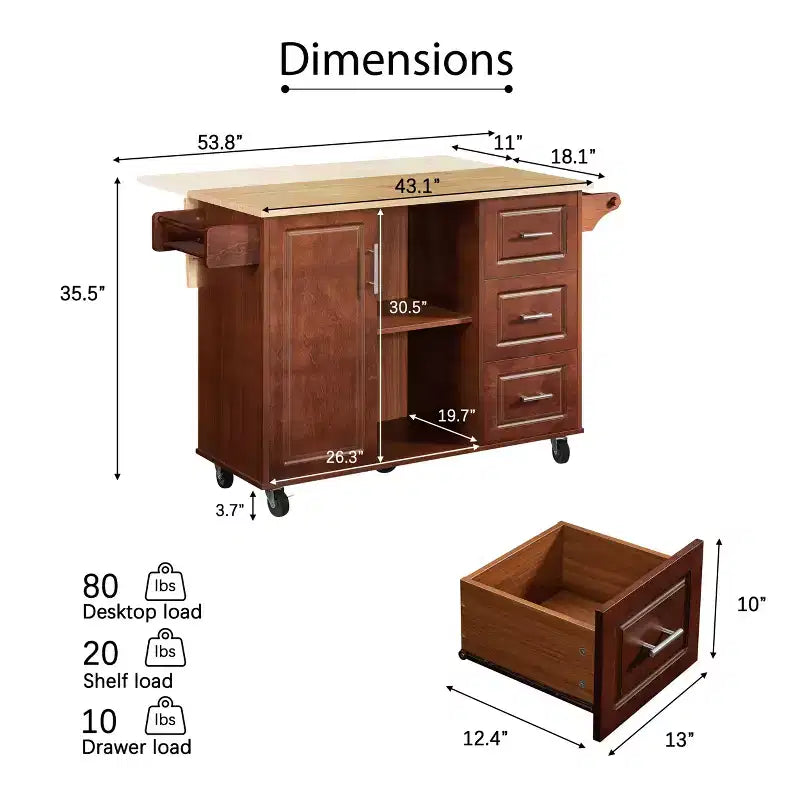 Dessin de chariot d'îlot de cuisine à roulettes avec abattants marron et 3 tiroirs pour 2 à 4 personnes