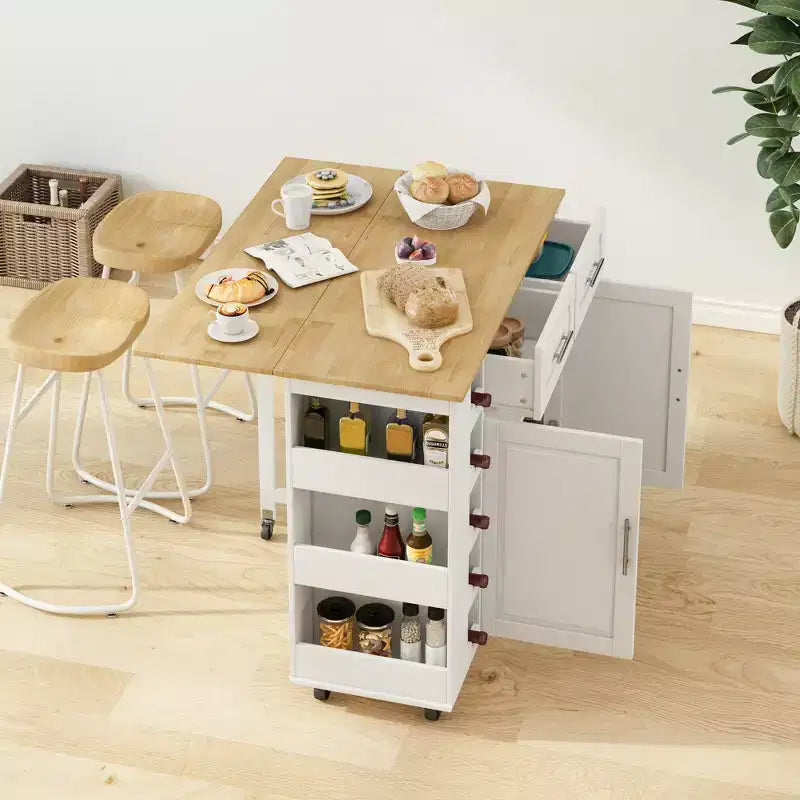 FAMYYT Chariot d'îlot de cuisine 42,9 cm avec plateau en bois d'hévéa massif blanc, 1 meuble à 2 portes et 2 tiroirs