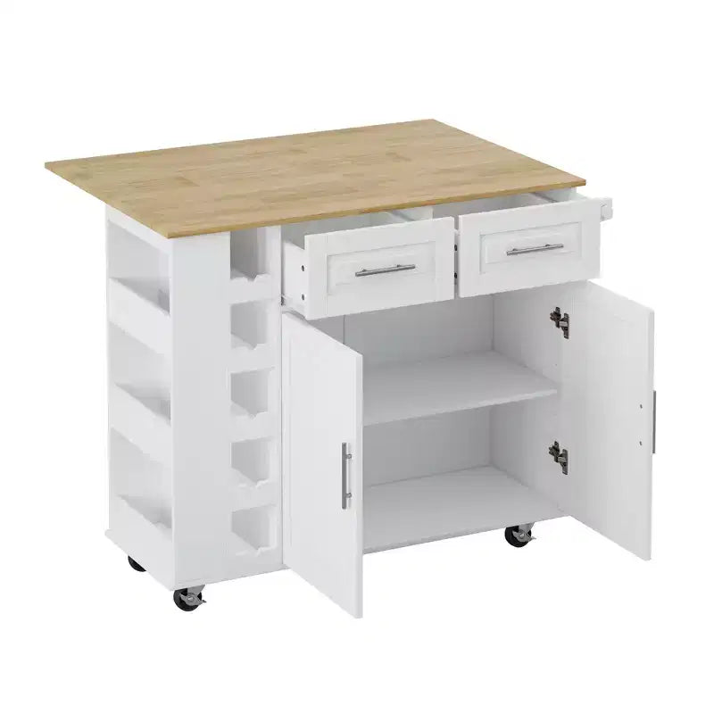 FAMYYT Chariot d'îlot de cuisine 42,9 cm avec plateau en bois d'hévéa massif blanc, 1 meuble à 2 portes et 2 tiroirs