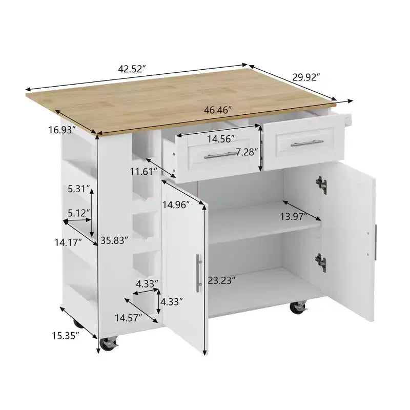 FAMYYT Chariot d'îlot de cuisine 42,9 cm avec plateau en bois d'hévéa massif blanc, 1 meuble à 2 portes et 2 tiroirs