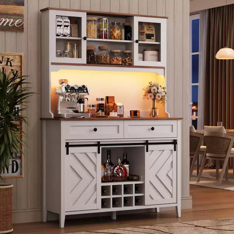COZONY 72 Armoire de Bar de Ferme avec Porte Coulissante, Buffet de Cuisine avec Station de Charge, Bar à Café Rustique à LED