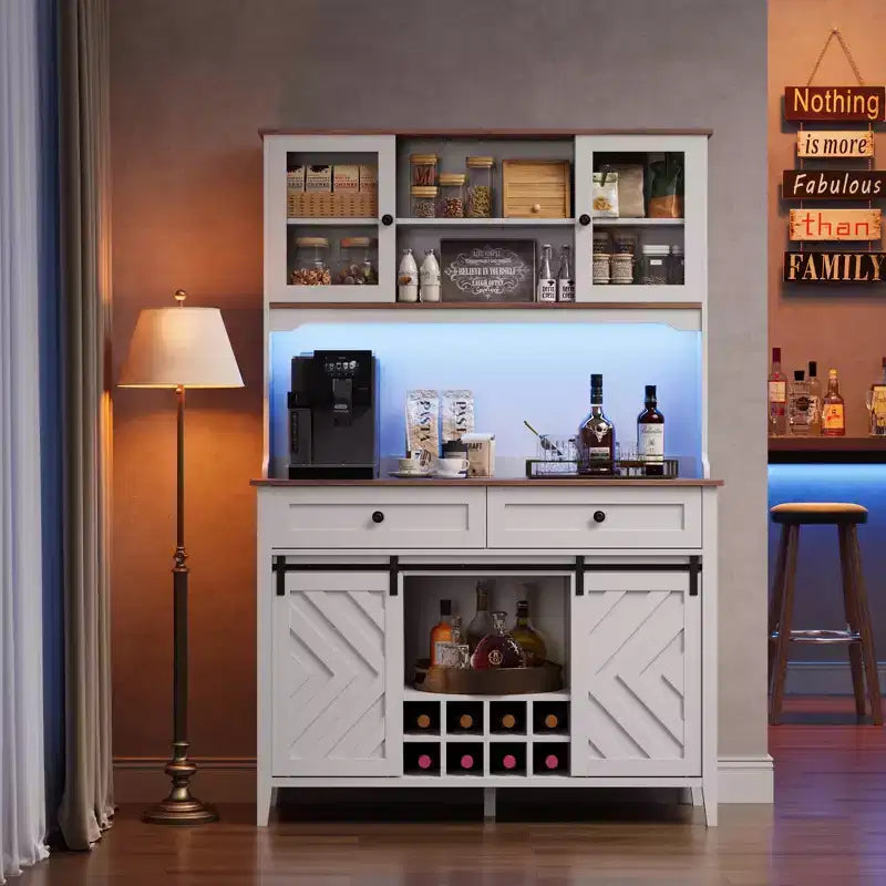 COZONY 72 Armoire de Bar de Ferme avec Porte Coulissante, Buffet de Cuisine avec Station de Charge, Bar à Café Rustique à LED