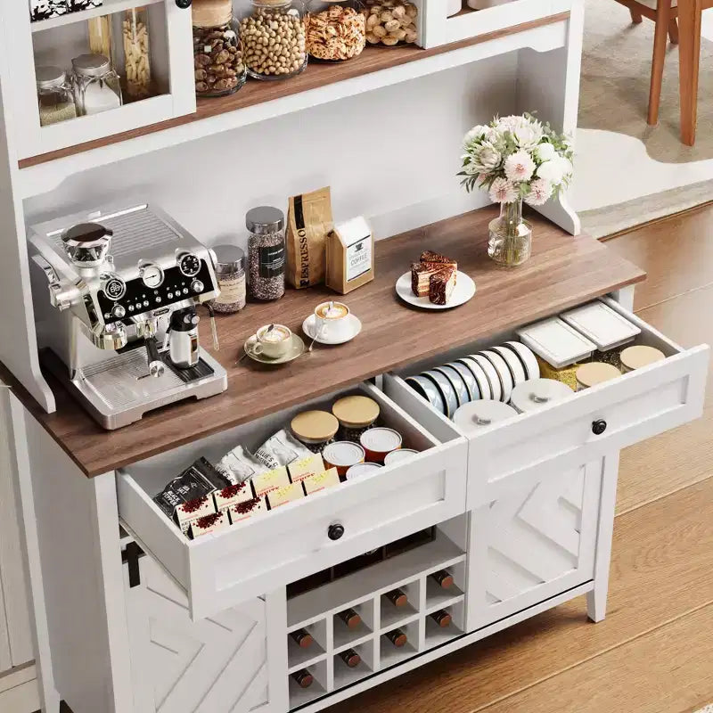 COZONY 72 Armoire de Bar de Ferme avec Porte Coulissante, Buffet de Cuisine avec Station de Charge, Bar à Café Rustique à LED
