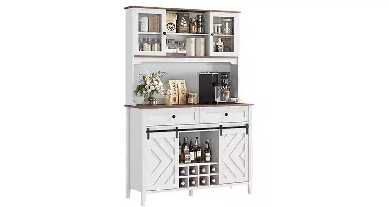 COZONY 72 Armoire de Bar de Ferme avec Porte Coulissante, Buffet de Cuisine avec Station de Charge, Bar à Café Rustique à LED