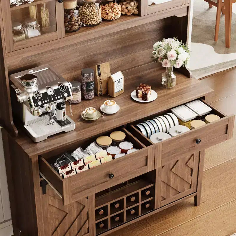 COZONY 72 Armoire de Bar de Ferme avec Porte Coulissante, Buffet de Cuisine avec Station de Charge, Bar à Café Rustique à LED