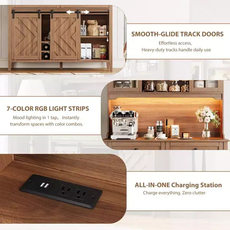 COZONY 72 Armoire de Bar de Ferme avec Porte Coulissante, Buffet de Cuisine avec Station de Charge, Bar à Café Rustique à LED