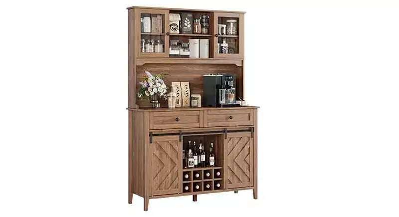 COZONY 72 Armoire de Bar de Ferme avec Porte Coulissante, Buffet de Cuisine avec Station de Charge, Bar à Café Rustique à LED