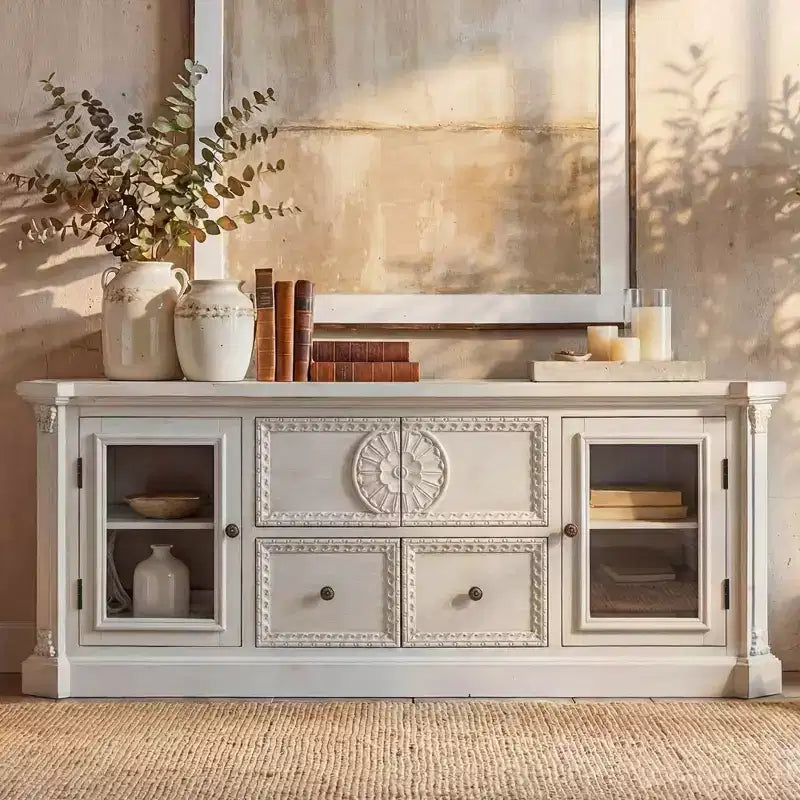 Homsee Pre-Assembled White Solid Wood TV Stand: Vintage Carved Details + Ready-to-Use Storage  Ornate Media Console for Living Rooms