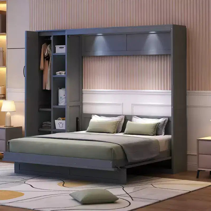Lit escamotable moderne Luxystar Queen size avec 5 étagères, armoire et lumières LED