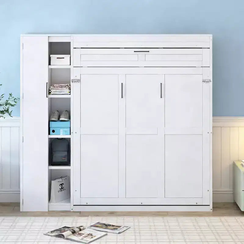 Lit escamotable moderne Luxystar Queen size avec 5 étagères, armoire et lumières LED