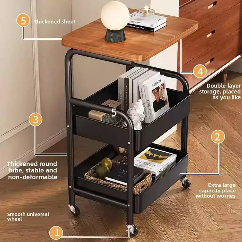 Desservante roulante à 3 niveaux avec plateau – Noir/Blanc, 3 niveaux, utilisation multi-pièces
