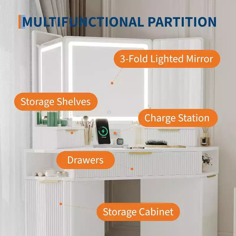 Coiffeuse d'angle avec miroir lumineux, table de maquillage cannelée avec tiroirs et armoires pour chambre à coucher, coiffeuse d'angle avec trois miroirs