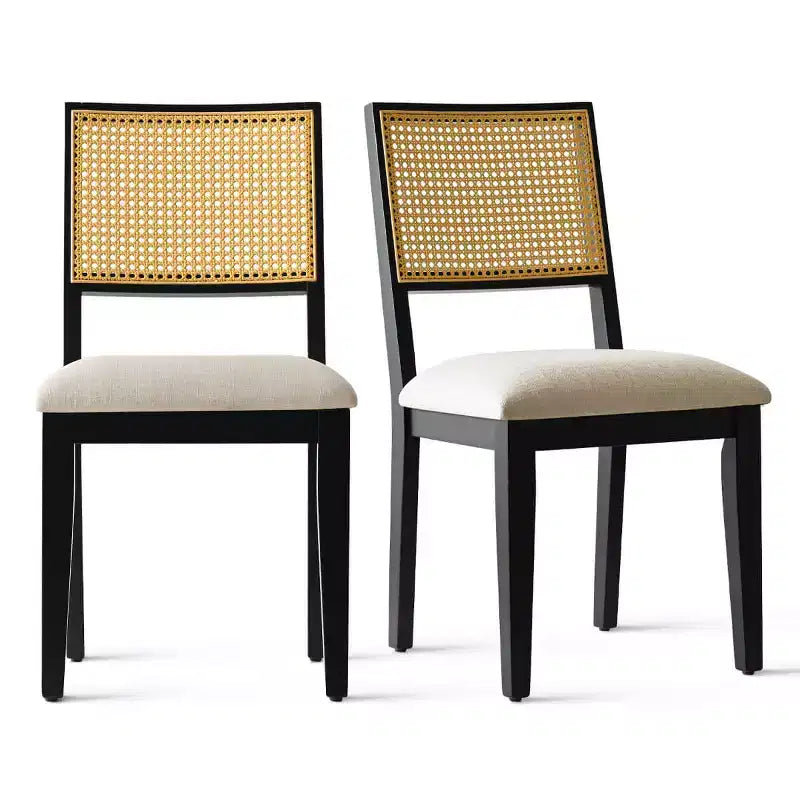 Lot de 2 chaises de salle à manger sans accoudoirs, dossier en rotin tressé, cadre en bois – Noir / Naturel
