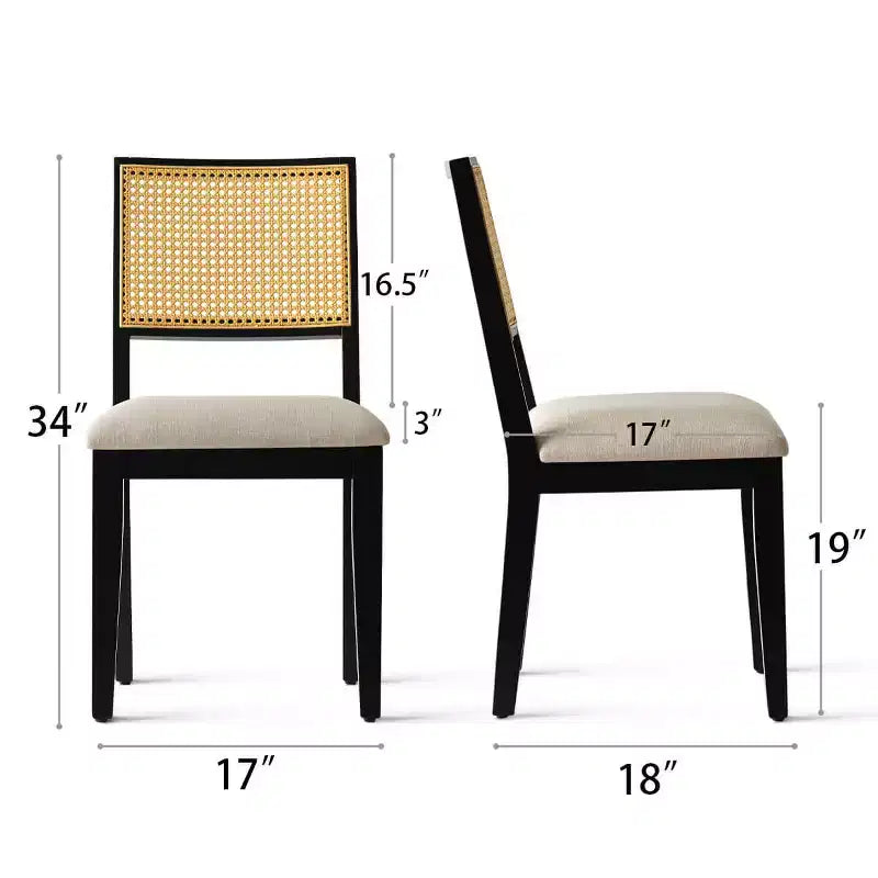 Lot de 2 chaises de salle à manger sans accoudoirs, dossier en rotin tressé, cadre en bois – Noir / Naturel