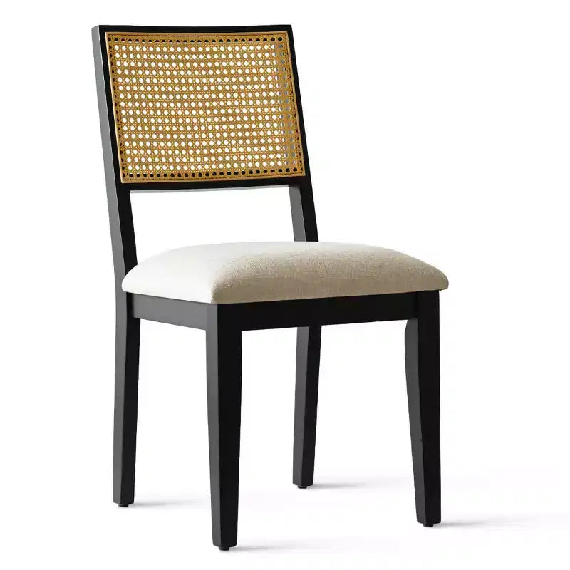 Lot de 2 chaises de salle à manger sans accoudoirs, dossier en rotin tressé, cadre en bois – Noir / Naturel