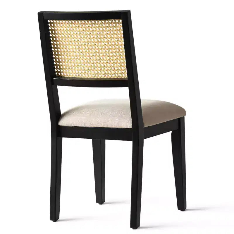 Lot de 2 chaises de salle à manger sans accoudoirs, dossier en rotin tressé, cadre en bois – Noir / Naturel