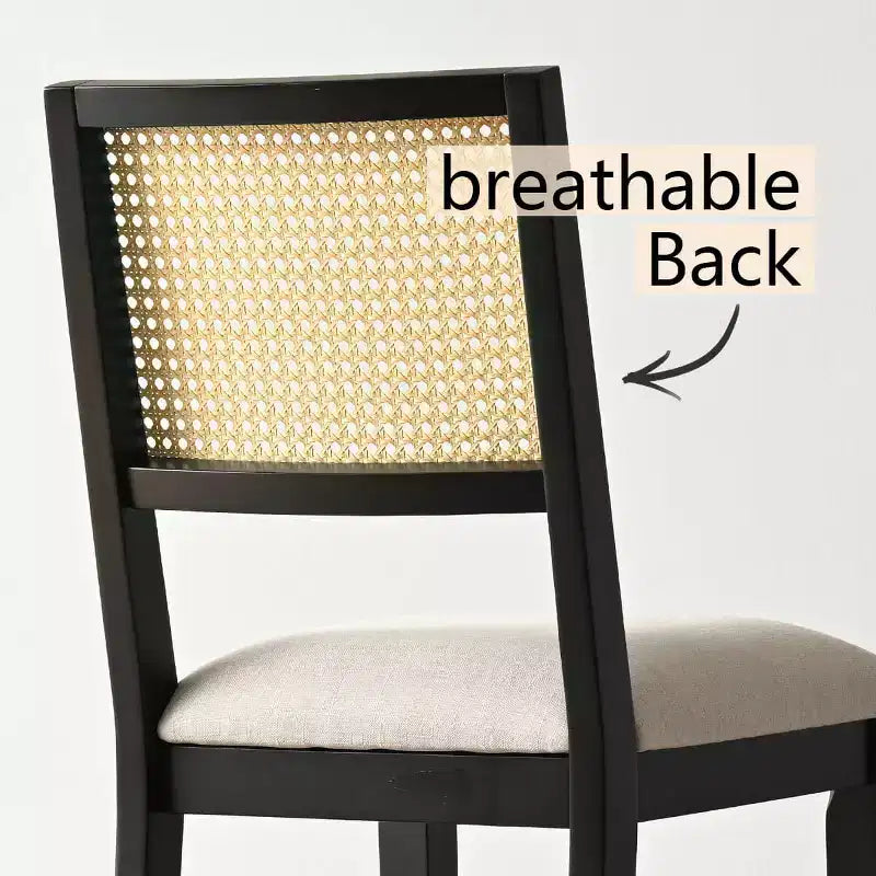 Lot de 2 chaises de salle à manger sans accoudoirs, dossier en rotin tressé, cadre en bois – Noir / Naturel
