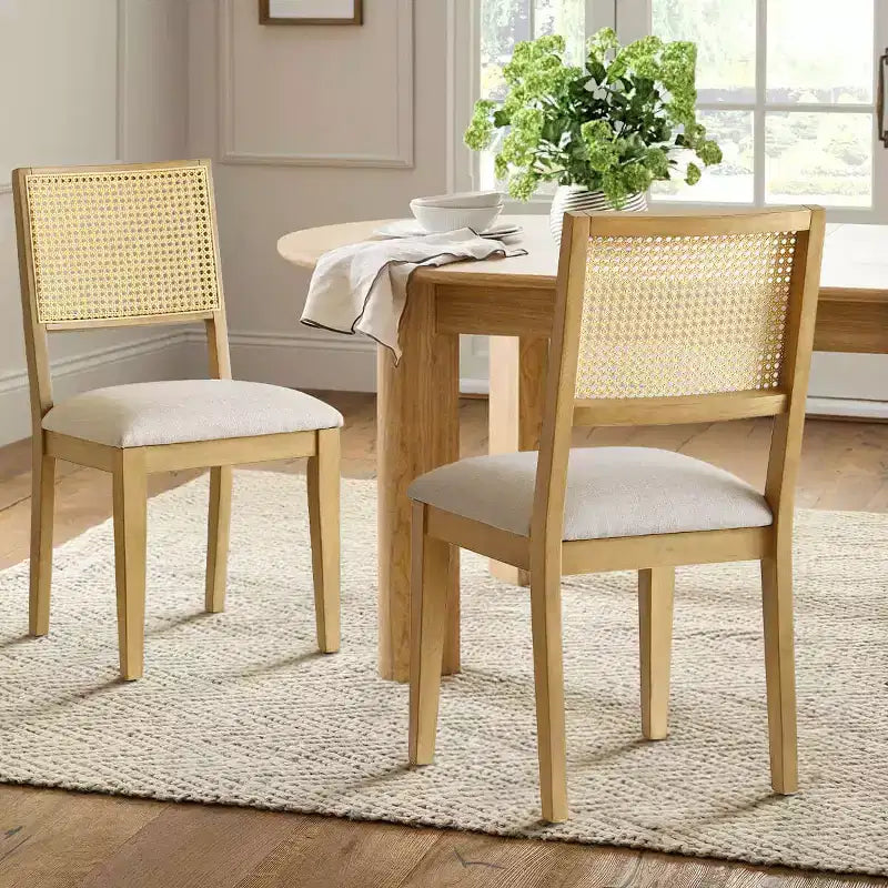 Lot de 2 chaises de salle à manger sans accoudoirs, dossier en rotin tressé, cadre en bois – Noir / Naturel