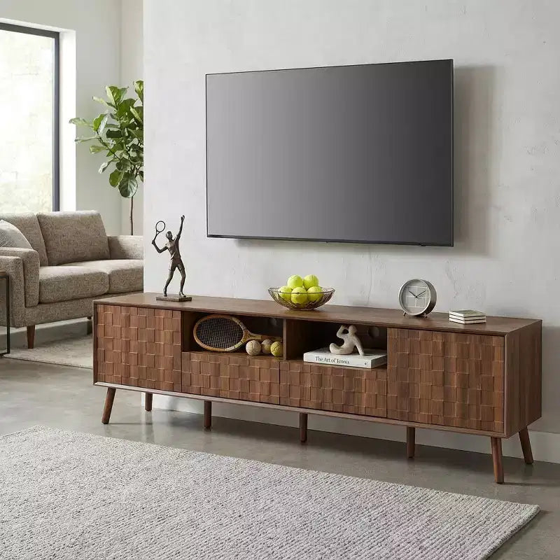 JVNOXK Meuble TV moderne de 78 pouces pour téléviseurs jusqu'à 85 pouces, pour salon, meuble de divertissement avec pieds en bois massif, tiroirs et gestion des câbles