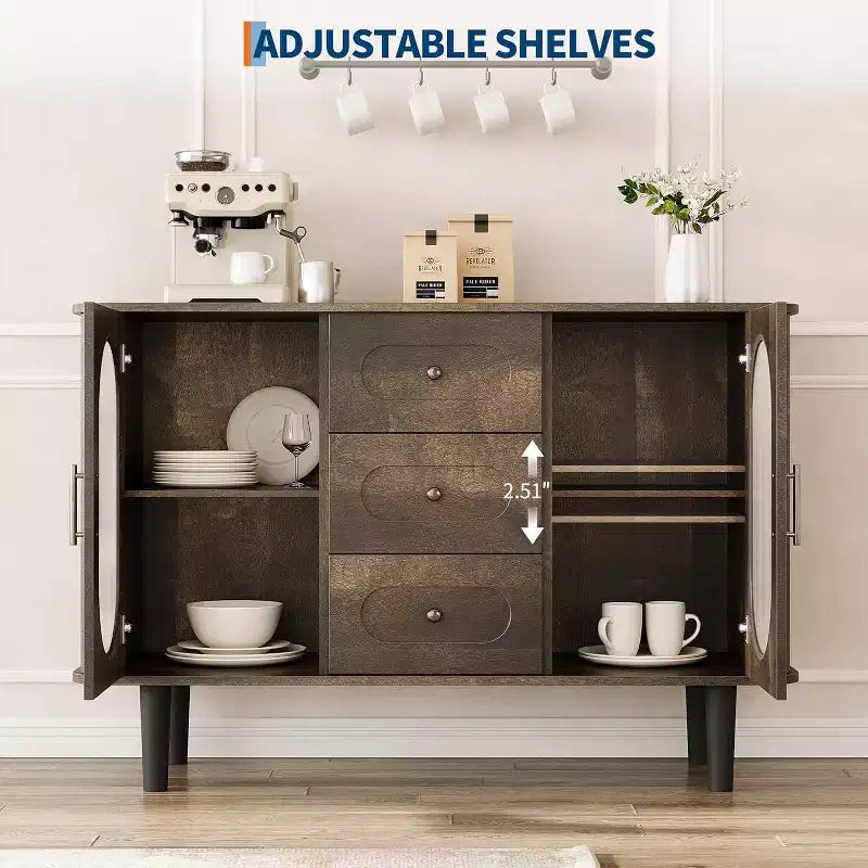 Buffet de 120 cm, naturel/blanc, portes en verre cannelé, 3 tiroirs – 1 personne