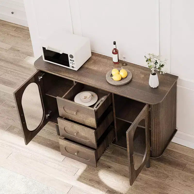 Buffet de 120 cm, naturel/blanc, portes en verre cannelé, 3 tiroirs – 1 personne