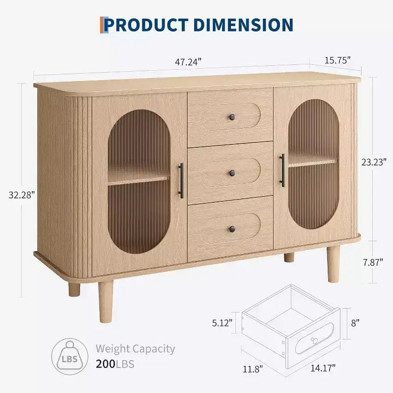 Buffet de 120 cm, naturel/blanc, portes en verre cannelé, 3 tiroirs – 1 personne